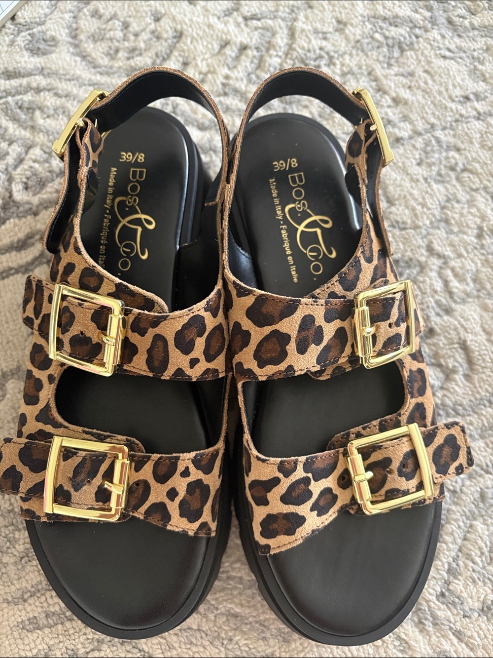 New Bos. & Co. Leopard Print platform Sandals with Gold Buckles 39